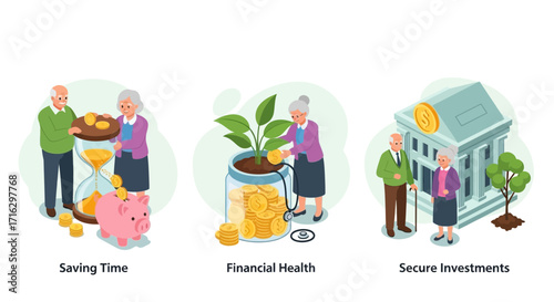 Conceptual illustration of saving time, financial health, and secure investments for seniors and retirement