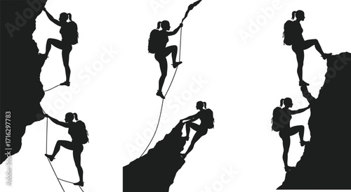 Silhouette of female rock climber with backpack, mountain climbing adventure, extreme sport, hiking challenge, fitness activity, outdoor exploration, rope climbing, teamwork