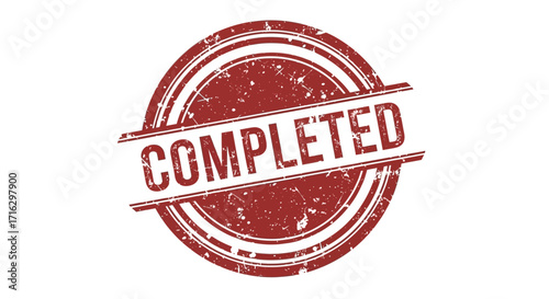 Completed stamp in dark red with grunge texture, perfect for indicating a finished task, on white