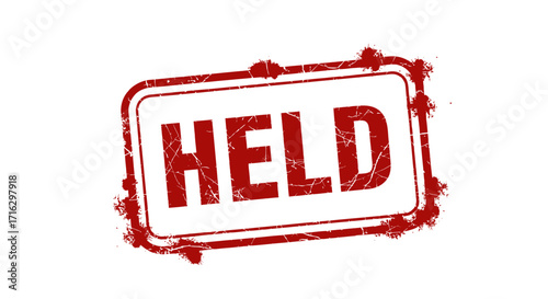 Dark red grunge stamp with the word HELD, square frame with bold lettering, rough edges and ink bleed, scratches, and dust texture on white background