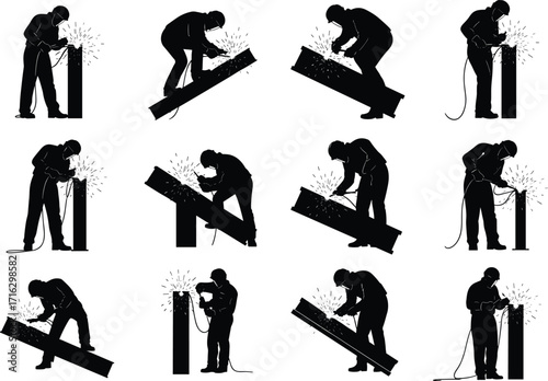 silhouette, welder, welding, torch, spark, metal, beam, worker, construction, site, vector, black, icon, design, industrial, engineering, project, framework, fabricate, repair