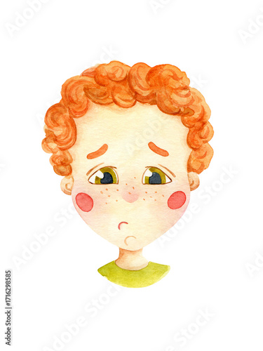 Sad ginger boy watercolor isolated illustration. Boy's face character design. Anxious emotion. Male kid person poster card. Cartoon curly hair child with freckles.
