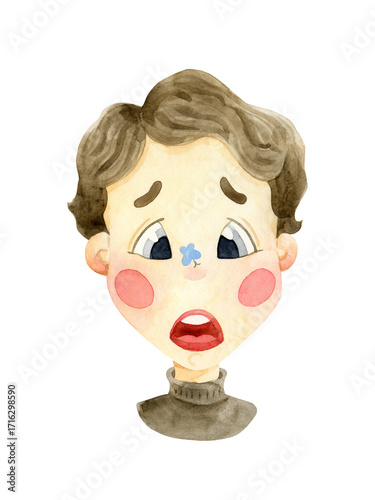 Cartoon character watercolor illustration on white background. Girl's boy's face character design. Scared facial emotion. Kid person poster card. Cartoon child face with butterfly.