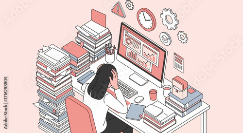 Illustration of an employee overwhelmed by work pressure and numerous deadlines at office desk