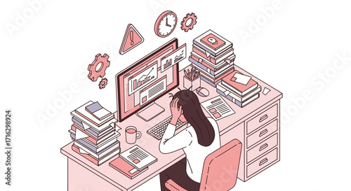 Overwhelmed Woman at Desk Coding, Data, and Stressful Workflow in a Modern Office Environment