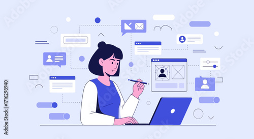 Woman with Laptop Managing Digital Workflow Business, Communication, and Technology