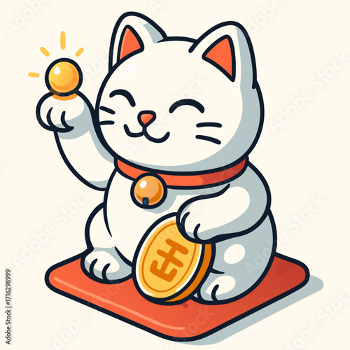 Cartoon Maneki-neko, Japanese beckoning cat, holding a gold coin.