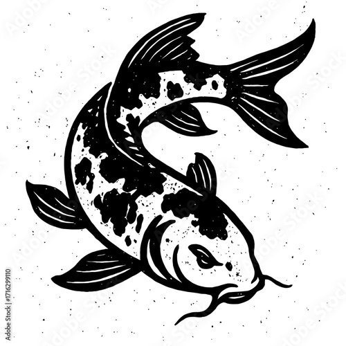 Elegant Black & White Woodcut Style Koi Fish Illustration with Distressed Texture, Symbolizing Luck and Prosperity, Perfect for Asian Art Enthusiasts and Tattoo Designs. Classic Oriental Carp Artwork.