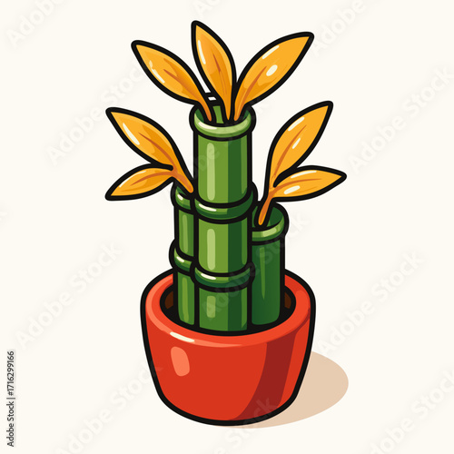 A stylized illustration of a potted lucky bamboo plant with three green stalks and yellow leaves in a red pot.