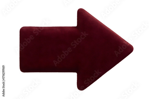 Burgundy velvet arrow pointing right with soft fabric texture in plush style on white