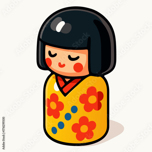 Cute kokeshi doll with yellow floral kimono and black hair.