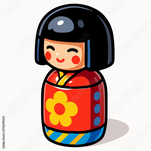 Cute cartoon kokeshi doll with black hair, smiling face, and a red body featuring a yellow flower design.