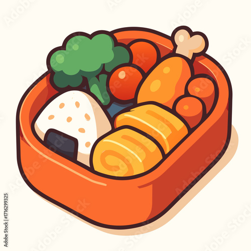 A cartoon illustration of a delicious and colorful bento box lunch.