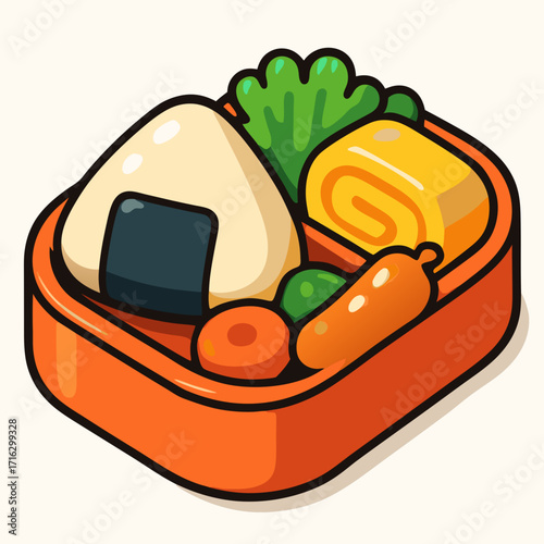 A colorful and appetizing illustration of a Japanese bento box filled with various delicious food items.