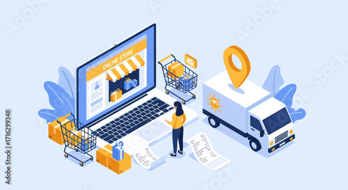 Online Shopping and Delivery Isometric Illustration