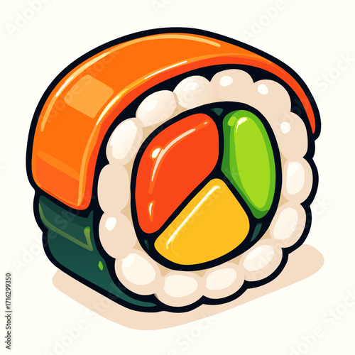 A vibrant illustration of a sushi roll, featuring colorful fillings and a glossy topping.