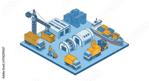 Isometric illustration of a modern global logistics and supply chain network, detailing transportation, delivery, and storage operations