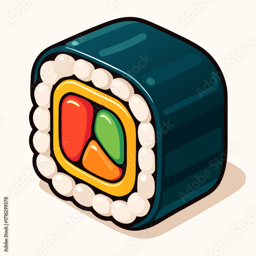 A colorful and stylized illustration of a single sushi roll with visible fillings.