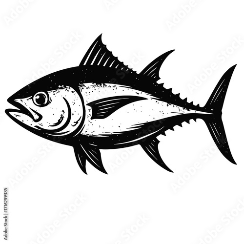 Dynamic black and white tuna fish illustration, perfect vector graphic for fishing charters, seafood restaurants, marine biology, and ocean-themed designs. Features distressed, hand-drawn style with b