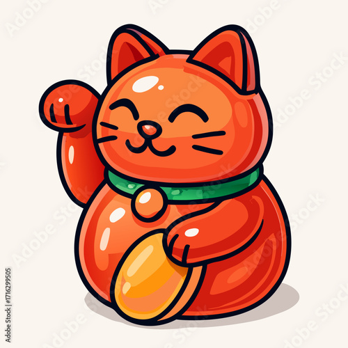 Cartoon illustration of a red Maneki-neko beckoning cat.