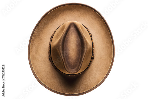 Brown cowboy hat top view isolated on white background classic western style for fashion lovers