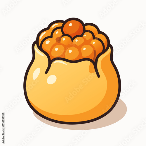 A stylized, cartoon illustration of a single, golden-yellow dim sum dumpling filled with small, orange spheres and topped with a single red berry.