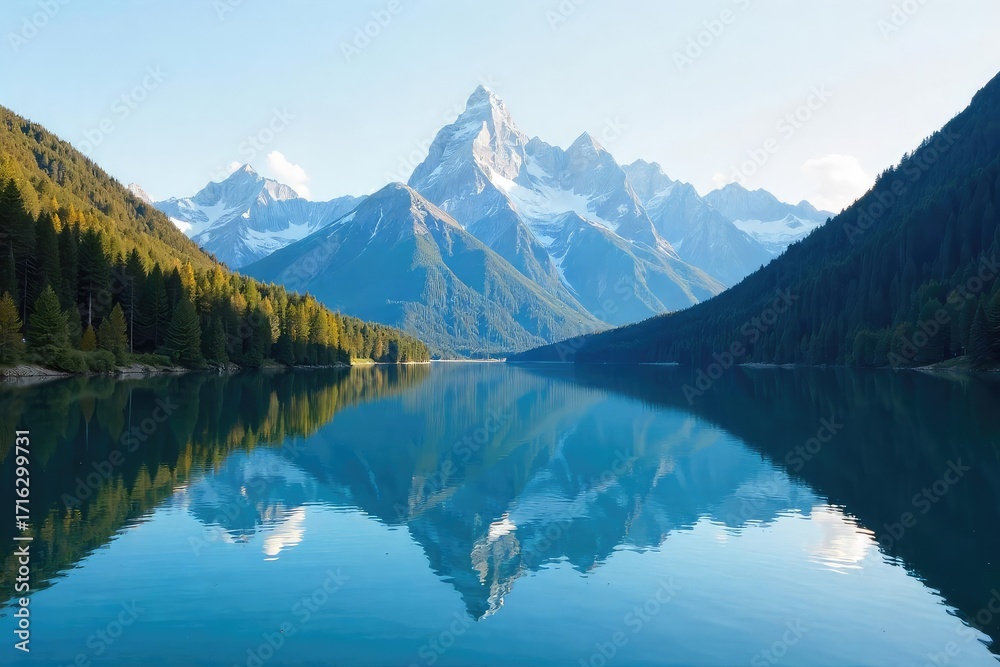 Fototapeta premium A tranquil lake reflecting a serene mountain range under a clear sky, untouched natural beauty at its finest Perfect for meditation, relaxation, and nature themes , travel, peaceful, awesome