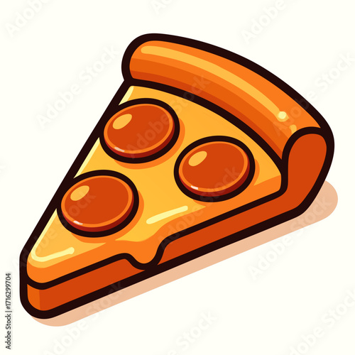 A simple cartoon illustration of a single slice of pepperoni pizza with melted cheese and a thick crust.