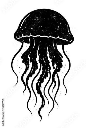 Striking black and white distressed grunge texture oceanic jellyfish silhouette with long flowing tentacles, capturing the enigmatic beauty of deep sea marine life in a unique, artistic, minimalist ve