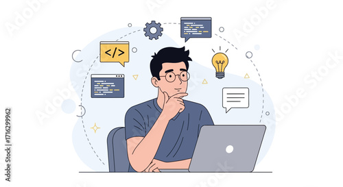 Thoughtful Young Programmer in Glasses Works on Laptop Surrounded by Code Icons and Ideas