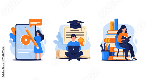 People engaged in learning, productivity, and technology-driven tasks a collection of illustrative scenes