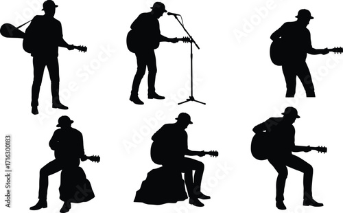 Silhouette of male guitarist playing acoustic guitar, live music performance, musician on stage, concert show, entertainment, singing, talent, isolated illustration