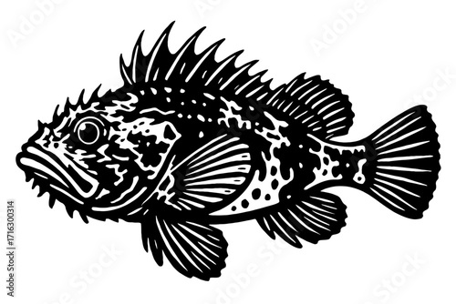 Dynamic black and white illustration of a spiny rockfish, featuring a textured body, large eye, and sharp fins, in a bold graphic art style. Ideal for marine life, fishing, vector art, logos, and ocea