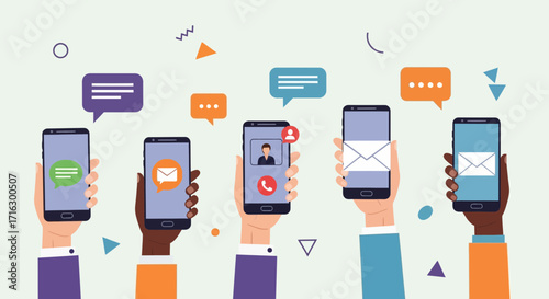 Hands Holding Smartphones with Message Bubbles Communication and Technology Concept