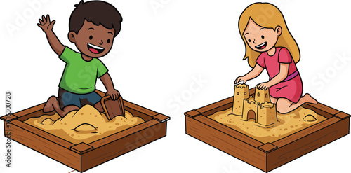 Happy kids playing in sandbox, building sandcastle, childhood fun activity, outdoor playground illustration, smiling boy and girl enjoying creative play
