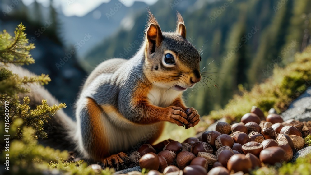 Obraz premium Squirrel eating nuts in mountain landscape