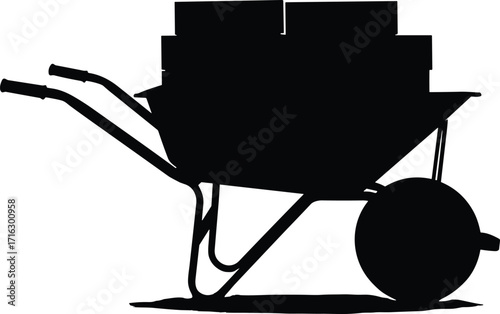 silhouette, wheelbarrow, tool, construction, equipment, load, blocks, transport, work, hardware, handle, wheel, vector, black, icon, design, labor, cargo, material, building