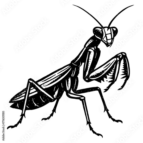 Striking Black and White Praying Mantis Illustration, a Detailed and Stylized Graphic Depiction of this Predatory Insect in a Linocut/Woodcut Art Style, Ideal for Nature-Themed Designs, Entomology, an
