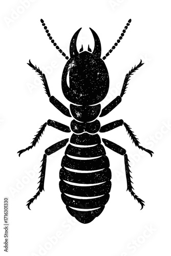Black silhouette illustration of a termite soldier. It highlights the formidable head with prominent mandibles, segmented body, and six legs. Ideal for pest control, entomology, and educational materi