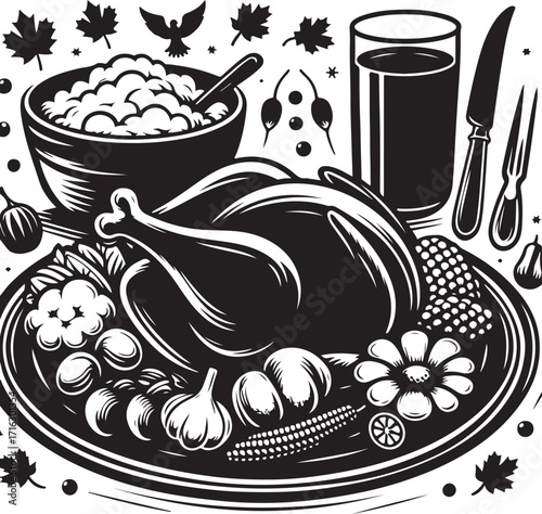silhouette black and white Thanksgiving dinner plate with roasted turkey leg , mashed potatoes, vegetables