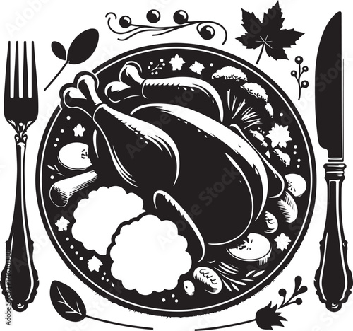 silhouette black and white Thanksgiving dinner plate with roasted turkey leg , mashed potatoes, vegetables