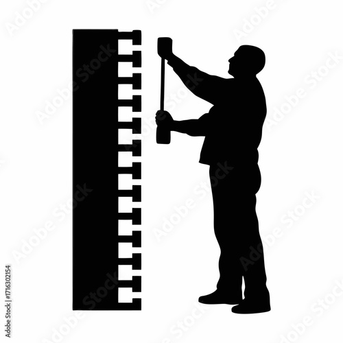 Technician silhouette measuring plastic part wall thickness silhouette on white background isolated on white background