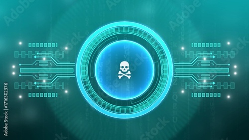 Cyan Skull and Crossbones Symbol on Futuristic Circuit Board Background with Digital Data danger poison