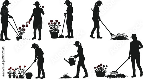 Silhouette of people gardening with tools, planting flowers, watering plants, raking leaves, outdoor work, farming activity