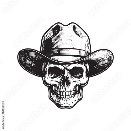 Detailed Black and White Drawing of skull wearing cowboy hat	in monochrome drawing