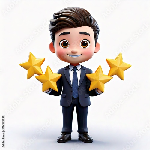 3D cartoon rendering businessman with five stars rating