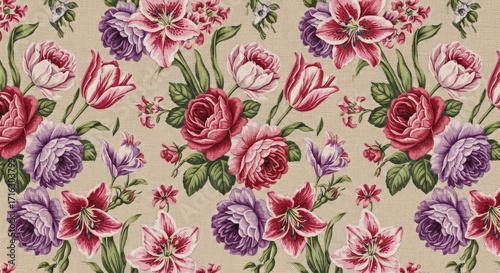 A floral pattern with pink, purple, and red flowers on a beige background.
