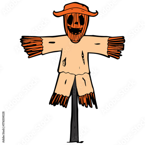 Simple Handdrawn Spooky Scarecrow Wearing Hat and Shirt Illustration Design