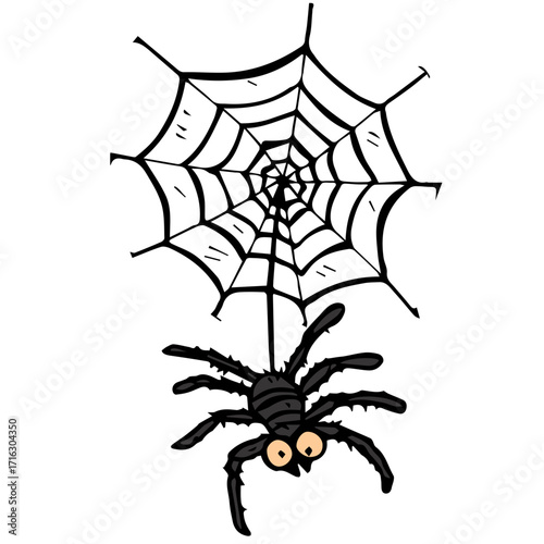 Cartoon Style Cute Detailed Spider on Web Halloween Illustration