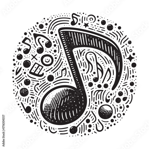 Engraved Illustration of Music Note on White Background
